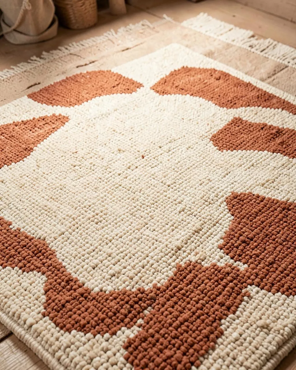 Cream and terracotta tufted rug with bold abstract blob shapes